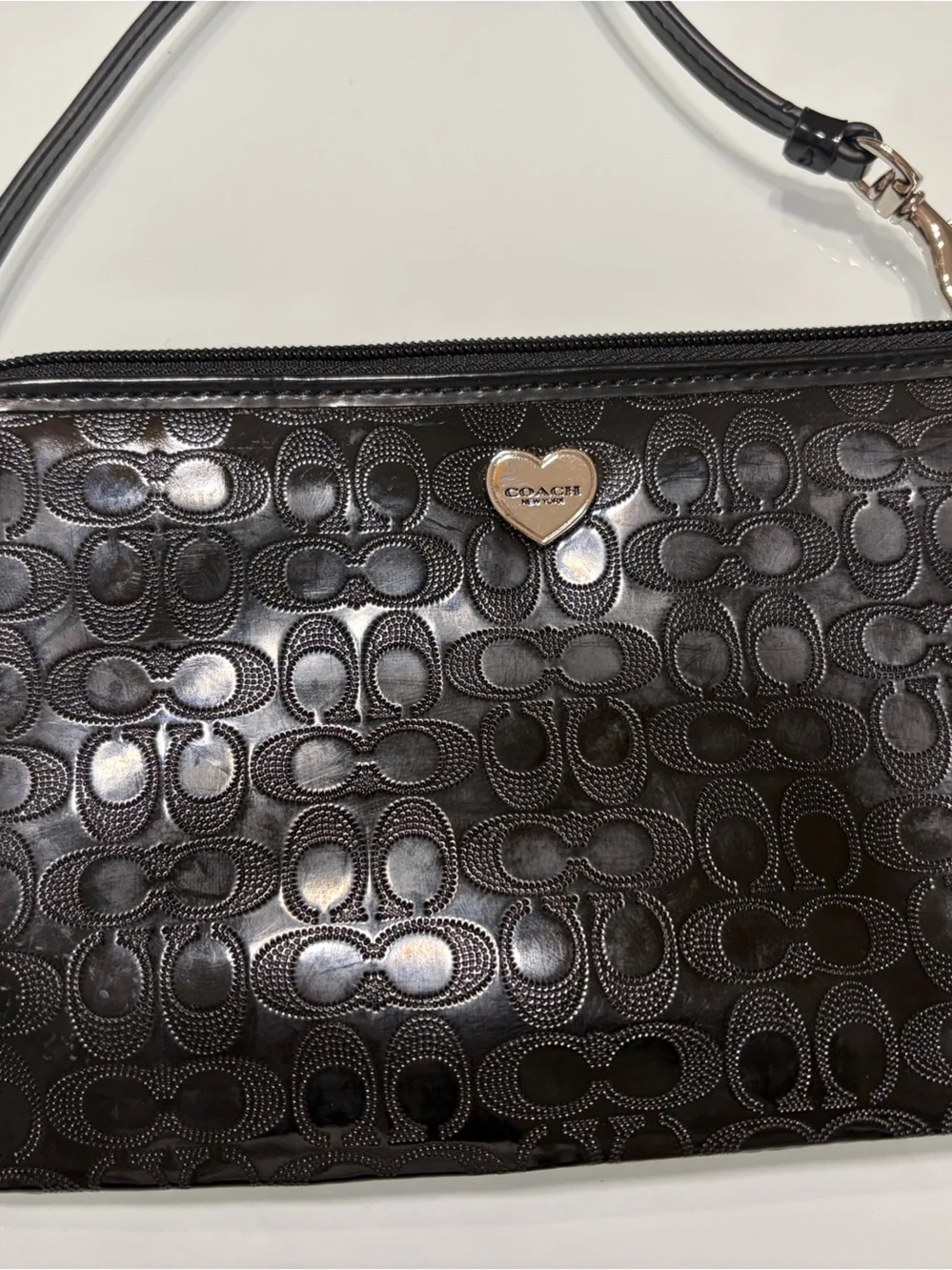 Coach Black Signature Embossed Wristlet with Heart Charm - Picture 2 of 6